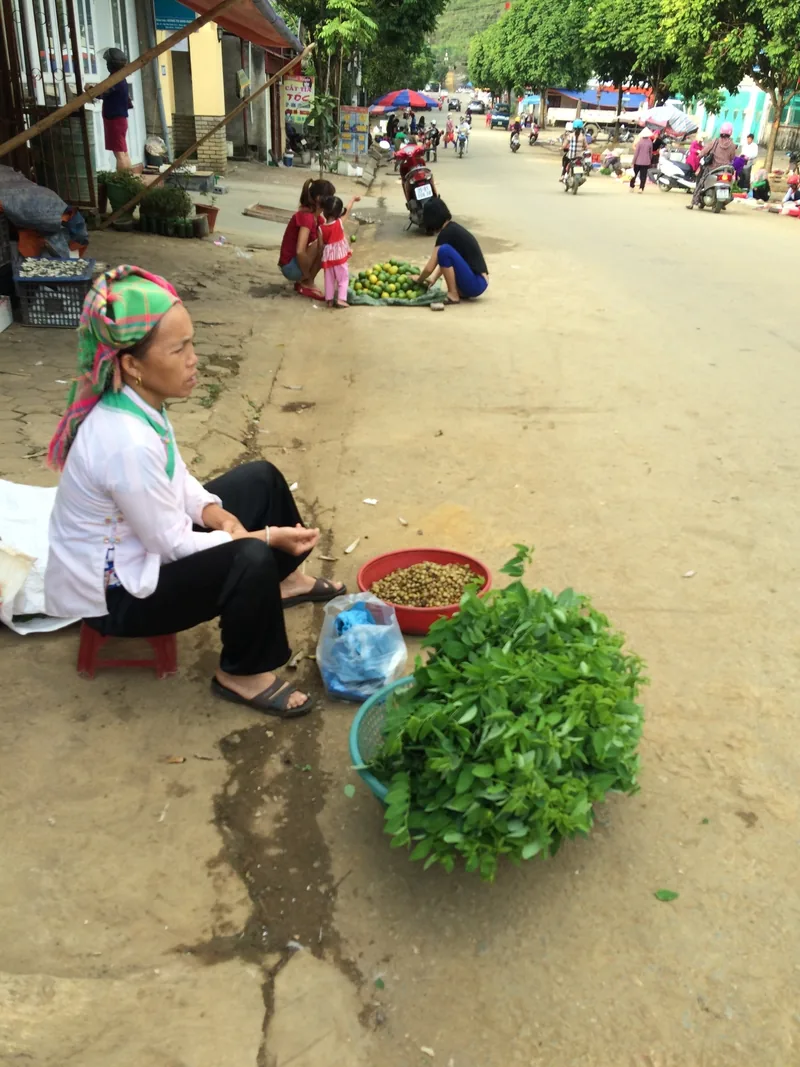 A woman in a colorful headscarf sells fresh herbs and produce on a street in Lai Chau, Vietnam.