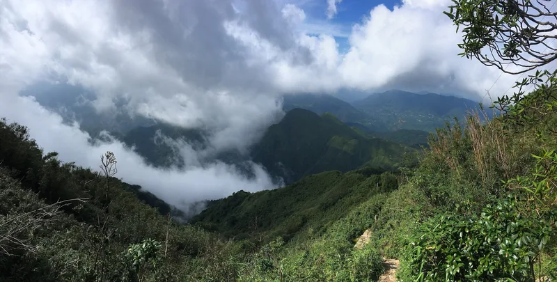 Clouds drift through green mountain ridges along a trail in the Hoang Lien Son range, Lai Chau.